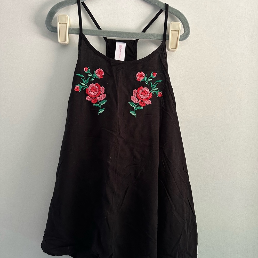 No Boundaries Black Tank Top with Red Floral Embroidery